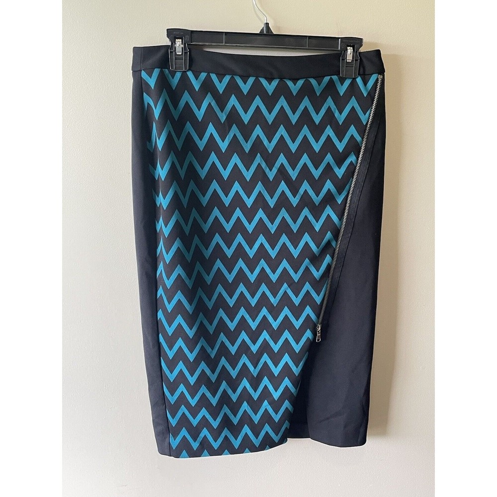 Worthington Skirt Size 6 Women’s Black Teal Diagonal Exposed Zipper Zig Zag EUC